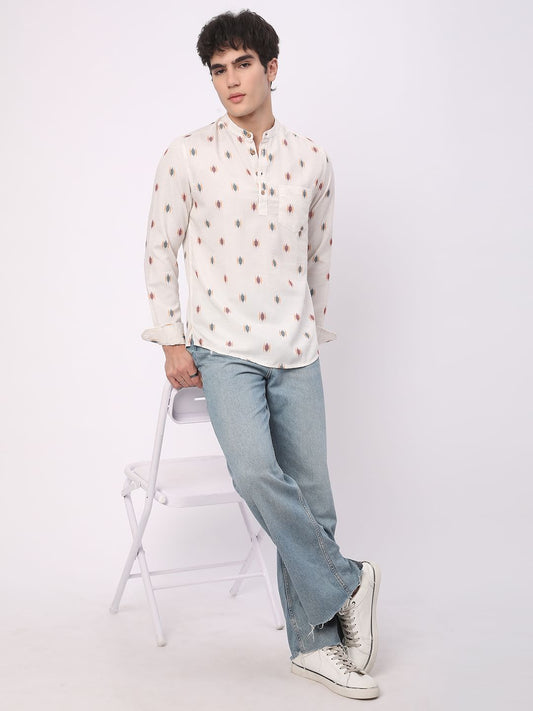 Ivory Ikat Textured Linen Kurta