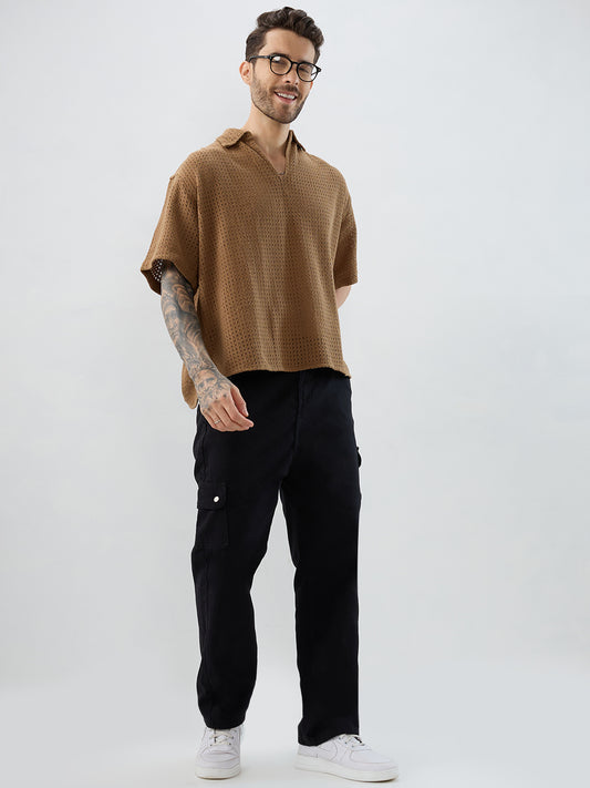 Tawny Brown Crochet Oversized Polo Shirt