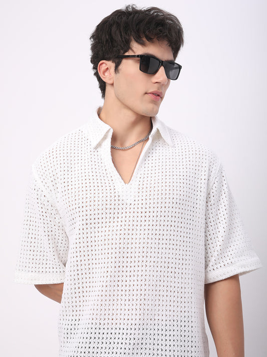 White Crochet Oversized Polo Shirt