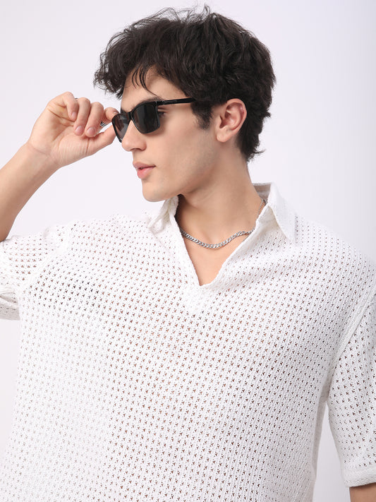 White Crochet Oversized Polo Shirt