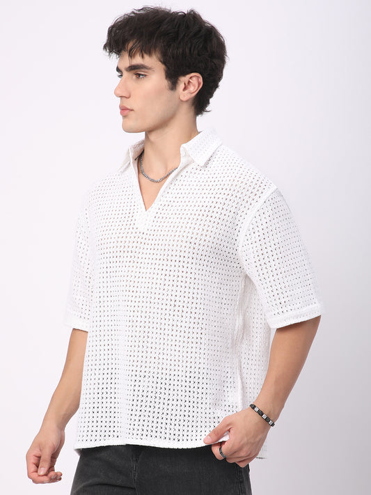 White Crochet Oversized Polo Shirt