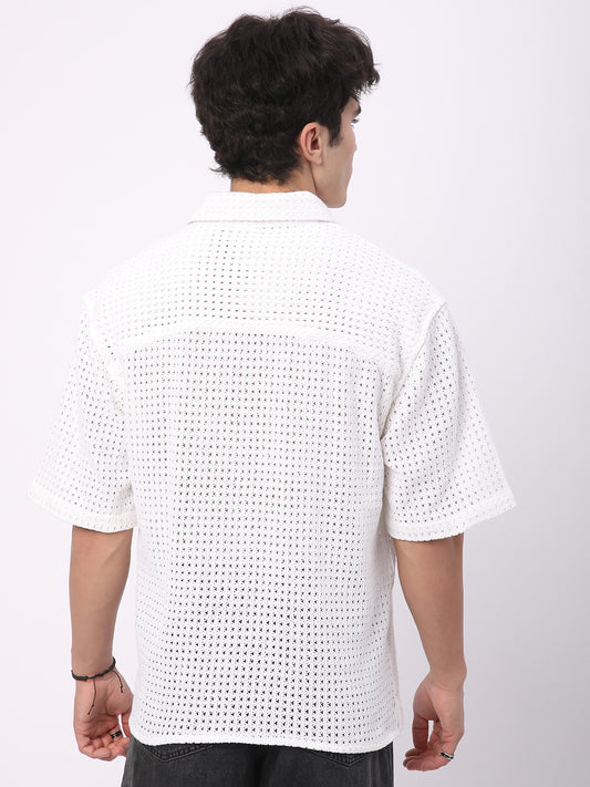 White Crochet Oversized Polo Shirt