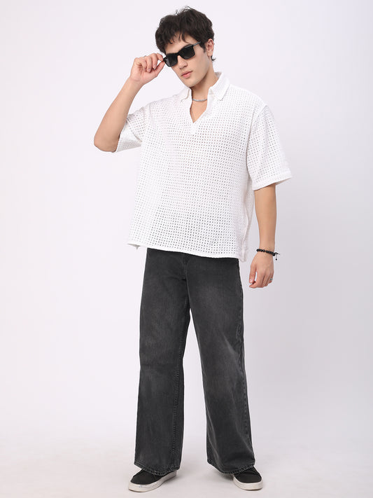 White Crochet Oversized Polo Shirt