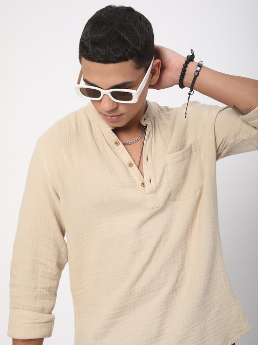 Tan Beige Double Cloth Crinkled Kurta
