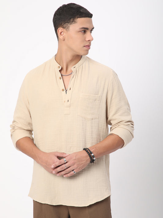 Tan Beige Double Cloth Crinkled Kurta