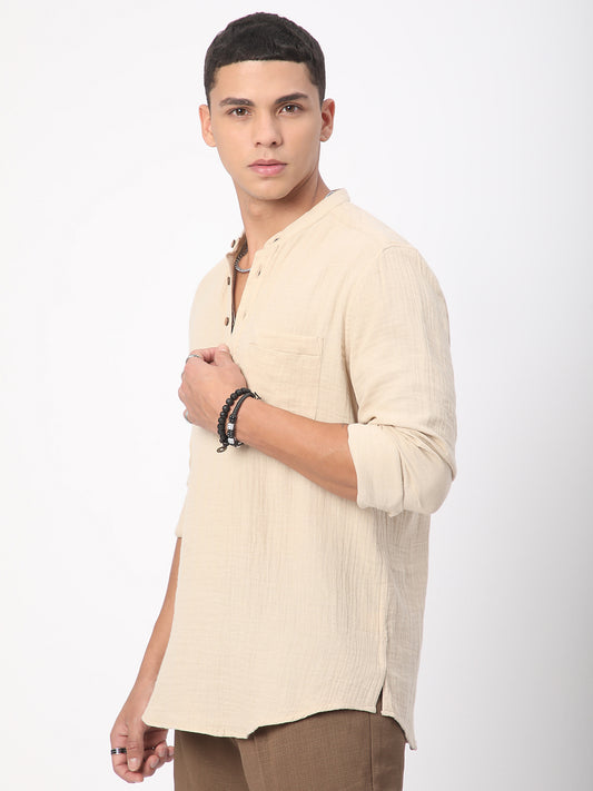 Tan Beige Double Cloth Crinkled Kurta