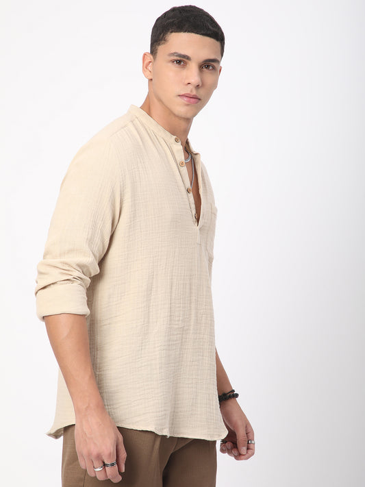 Tan Beige Double Cloth Crinkled Kurta
