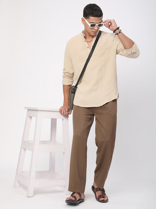 Tan Beige Double Cloth Crinkled Kurta