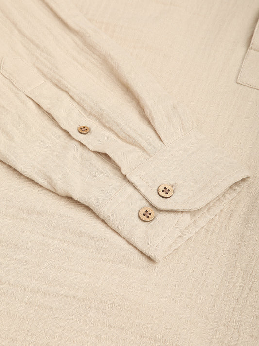 Tan Beige Double Cloth Crinkled Kurta