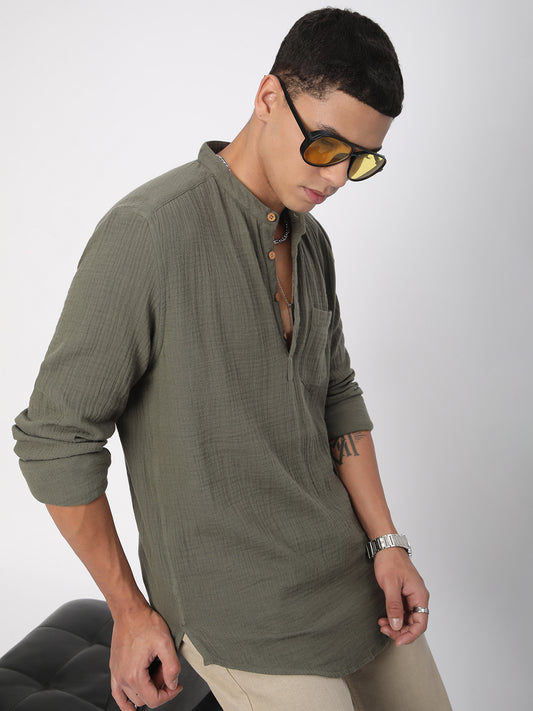 Olive Double Cloth Crinkled Kurta