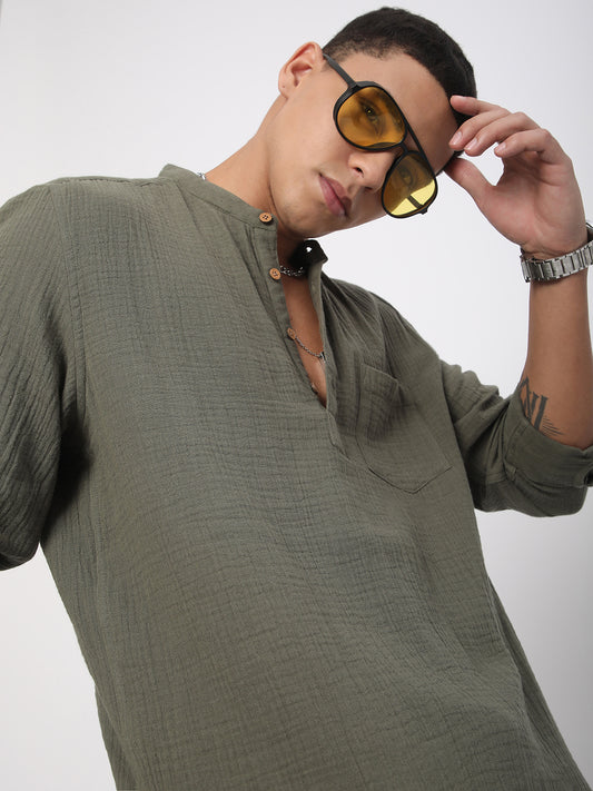 Olive Double Cloth Crinkled Kurta