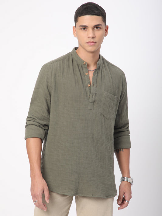 Olive Double Cloth Crinkled Kurta