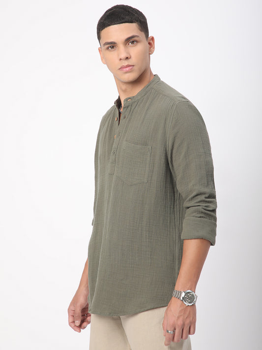 Olive Double Cloth Crinkled Kurta