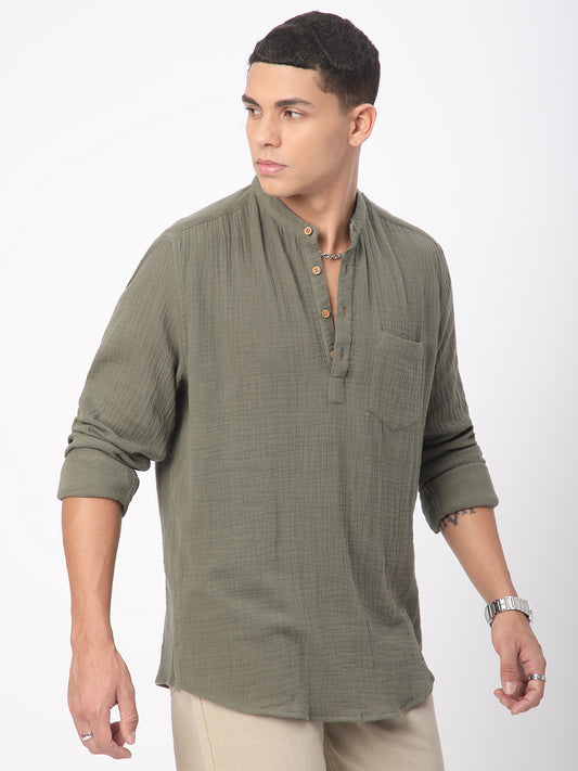 Olive Double Cloth Crinkled Kurta