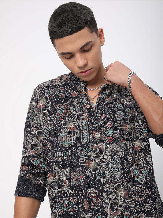 Picturesque Black Foil Printed Kurta