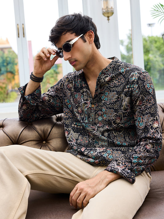 Picturesque Black Foil Printed Kurta