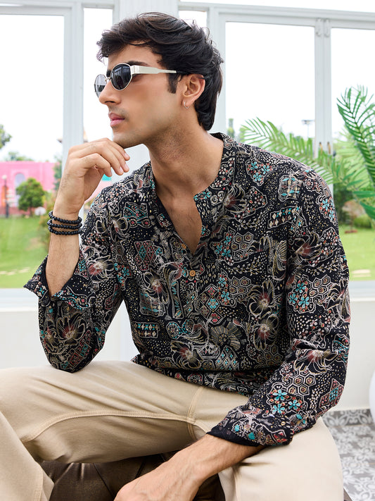 Picturesque Black Foil Printed Kurta