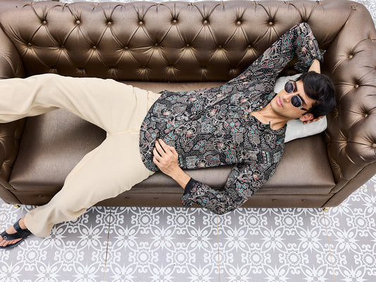 Picturesque Black Foil Printed Kurta