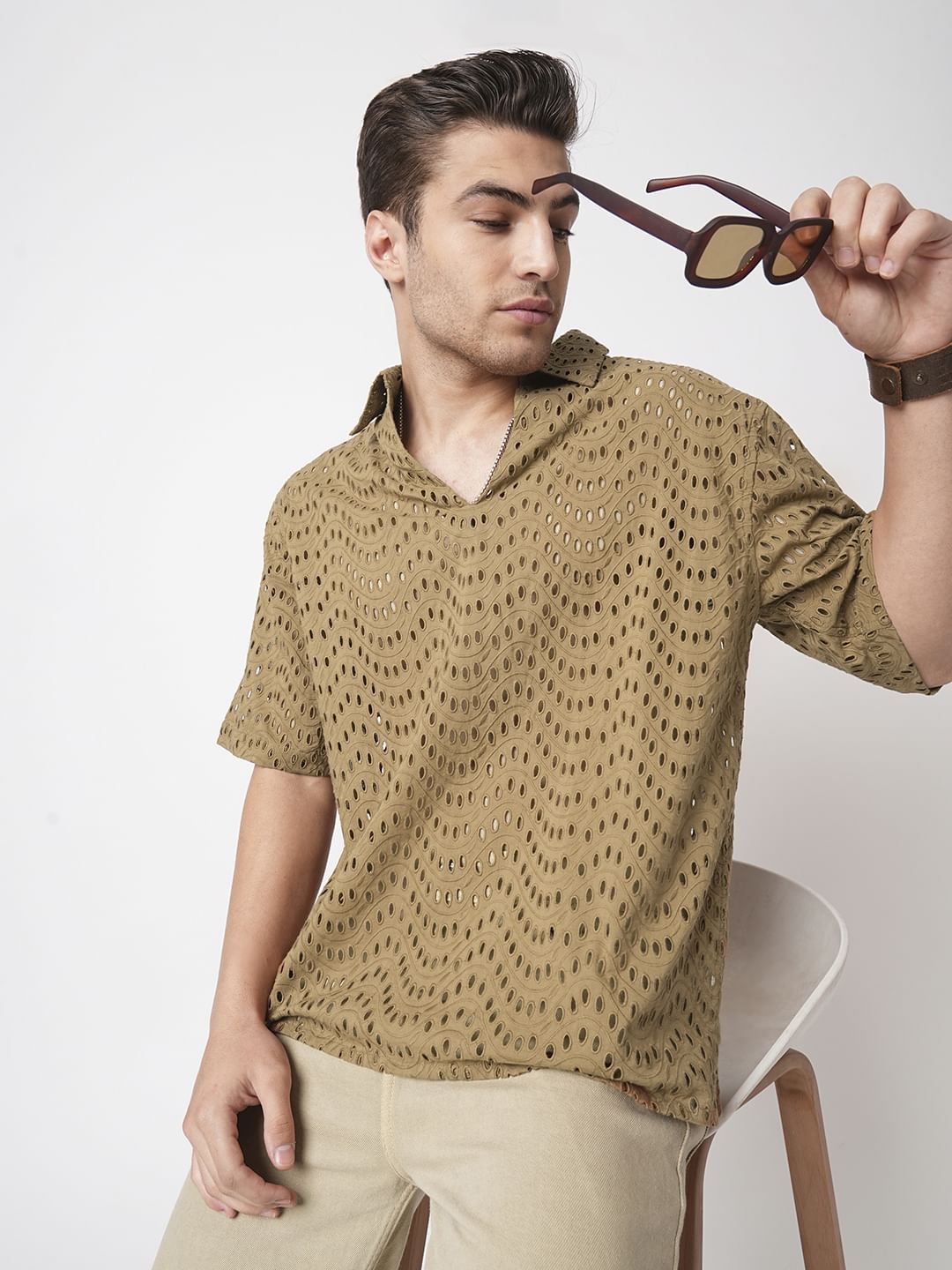 Camel Beige Curved Schiffli Oversized Polo Shirt
