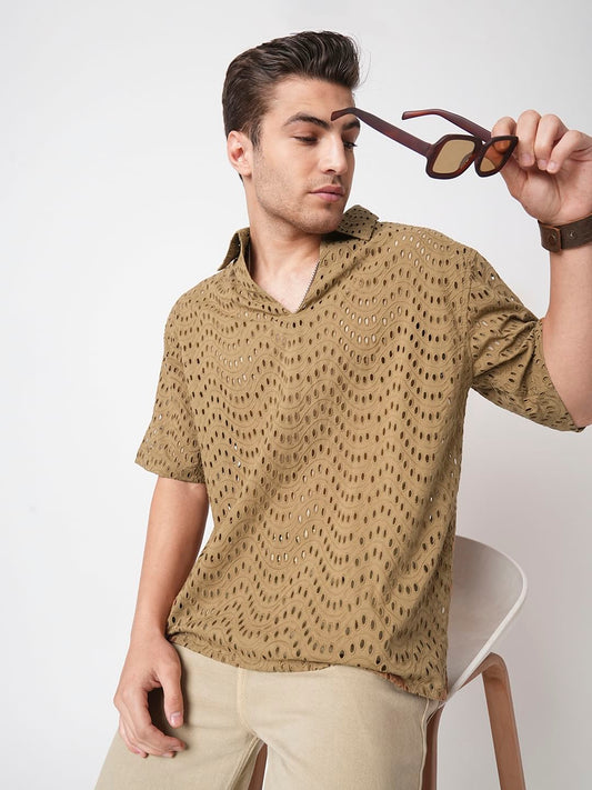 Camel Beige Curved Schiffli Oversized Polo Shirt