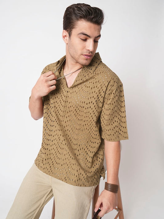 Camel Beige Curved Schiffli Oversized Polo Shirt