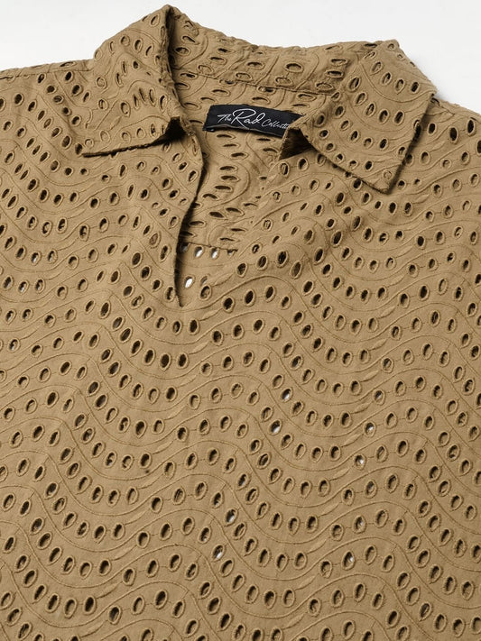 Camel Beige Curved Schiffli Oversized Polo Shirt