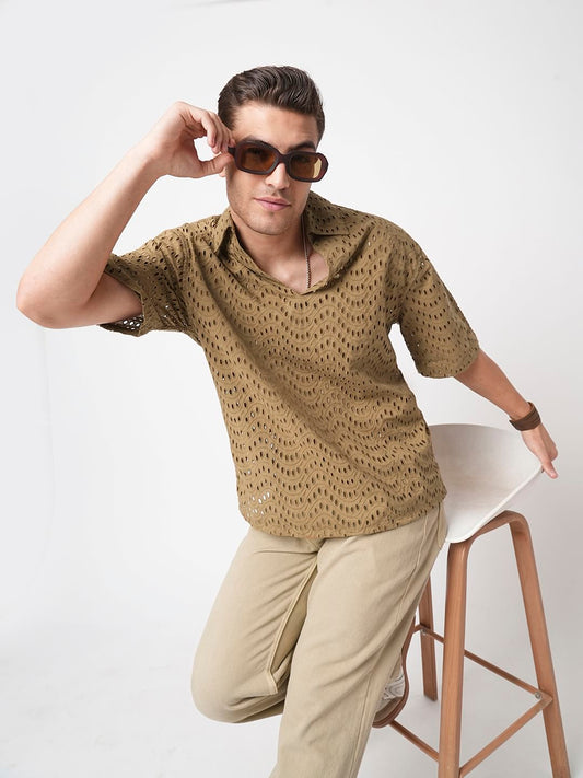 Camel Beige Curved Schiffli Oversized Polo Shirt