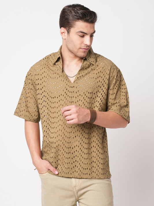 Camel Beige Curved Schiffli Oversized Polo Shirt