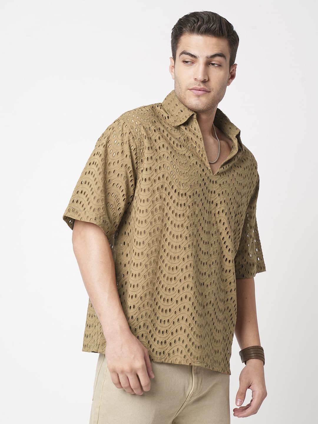 Camel Beige Curved Schiffli Oversized Polo Shirt