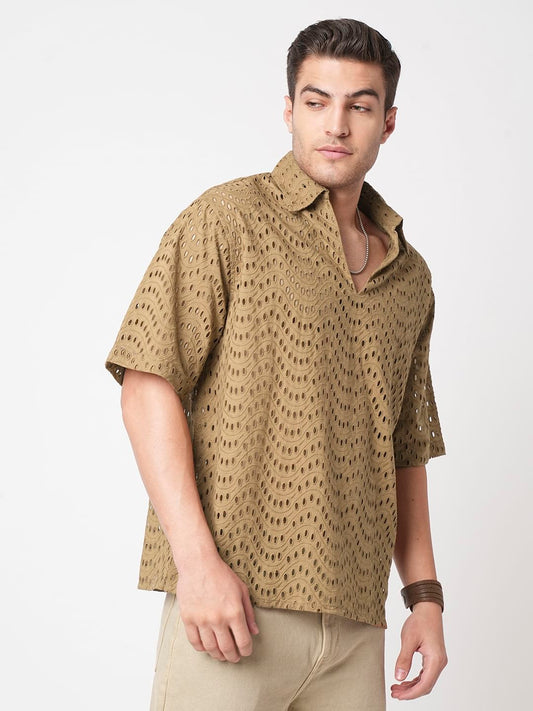 Camel Beige Curved Schiffli Oversized Polo Shirt