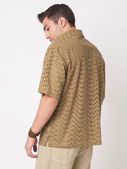 Camel Beige Curved Schiffli Oversized Polo Shirt