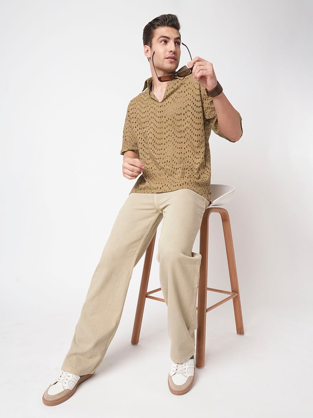 Camel Beige Curved Schiffli Oversized Polo Shirt