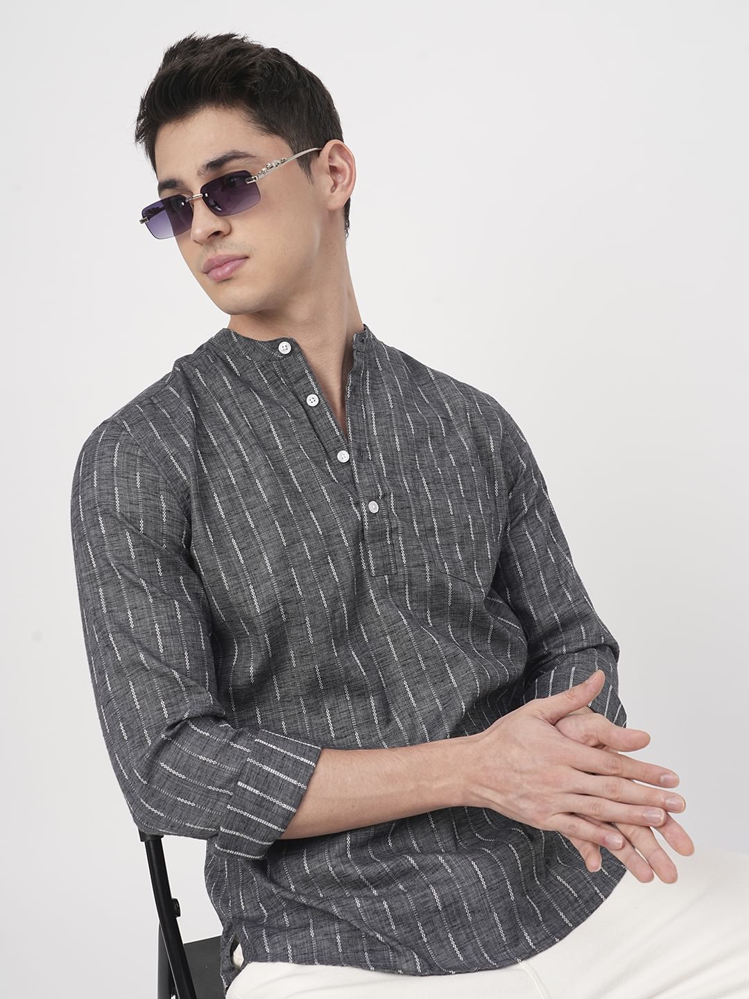 Voguish Grey Dobby Striped Kurta