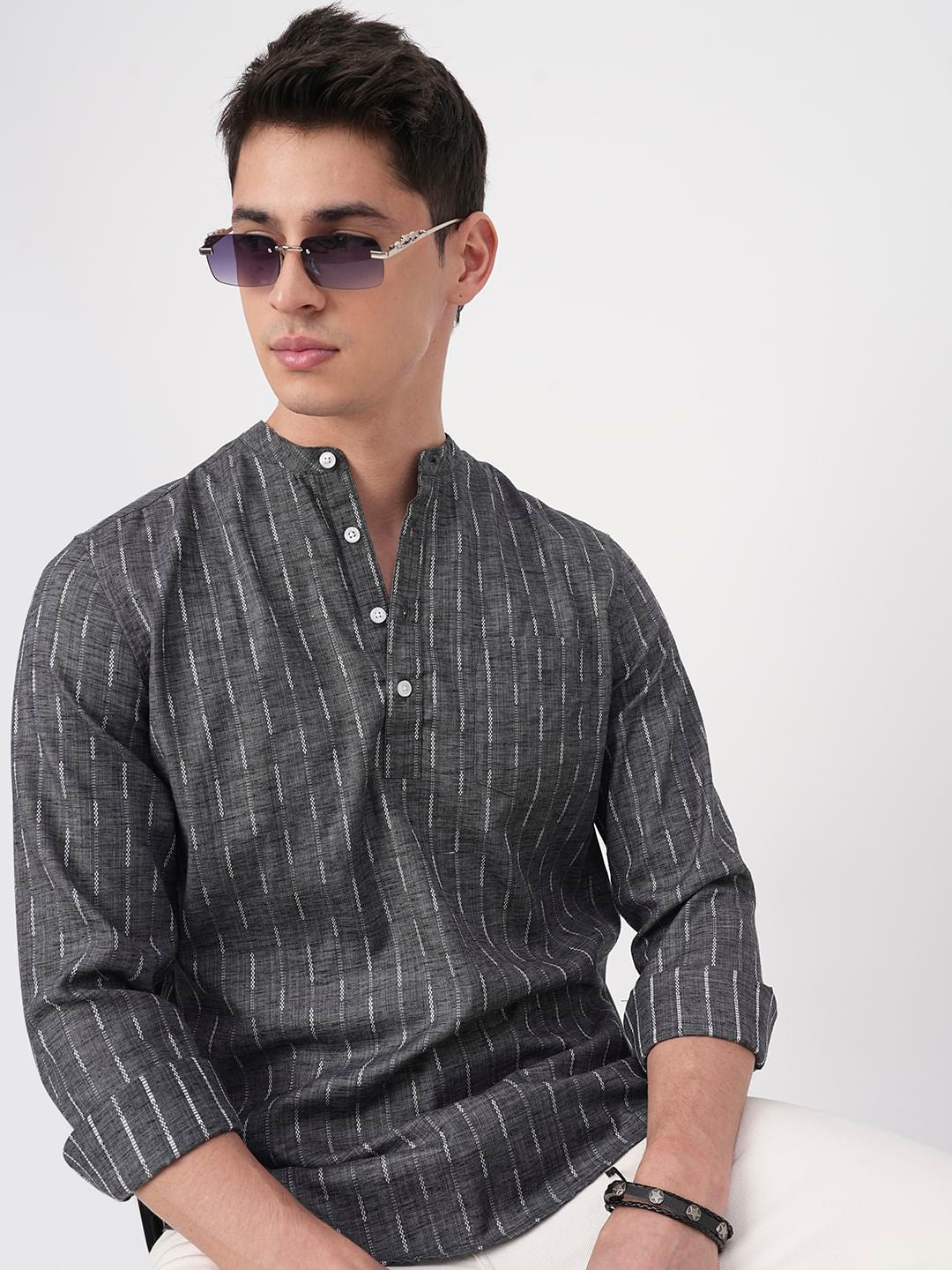 Voguish Grey Dobby Striped Kurta