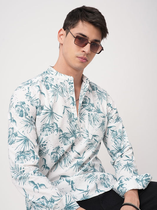 White & Green Tropical Leafy Printed Seersucker Kurta