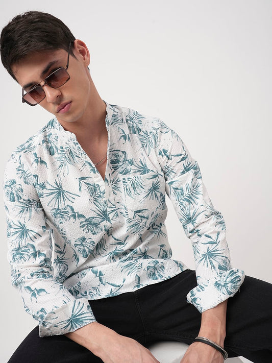 White & Green Tropical Leafy Printed Seersucker Kurta