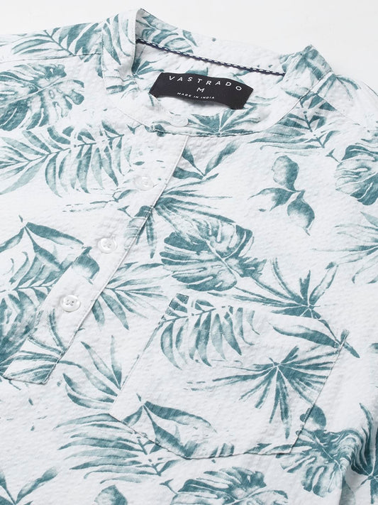 White & Green Tropical Leafy Printed Seersucker Kurta
