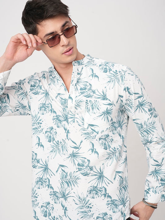 White & Green Tropical Leafy Printed Seersucker Kurta