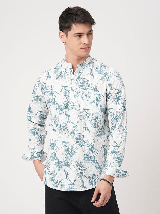 White & Green Tropical Leafy Printed Seersucker Kurta