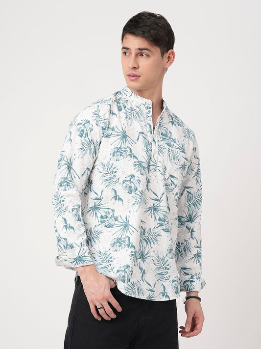 White & Green Tropical Leafy Printed Seersucker Kurta