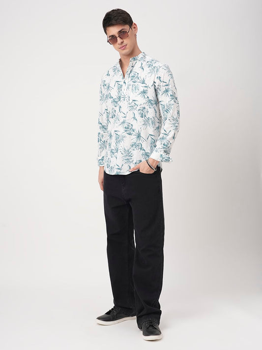 White & Green Tropical Leafy Printed Seersucker Kurta