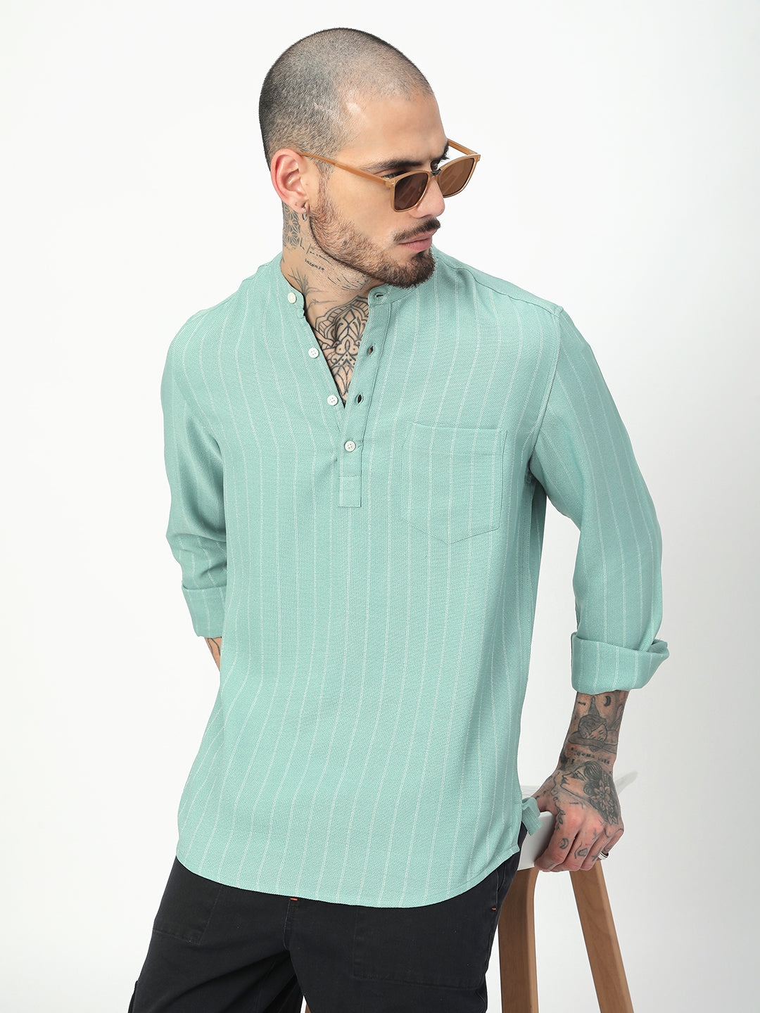 Fern Green Chalk Striped Kurta