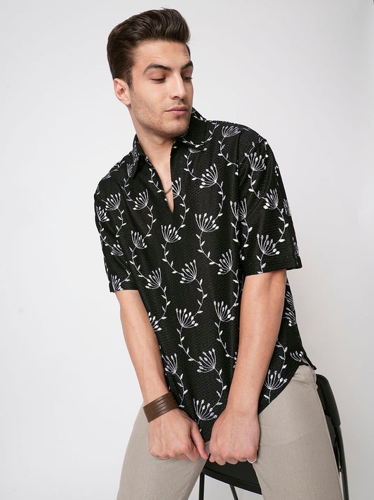 Dandelion Black Embroidered Crochet Oversized Polo Shirt