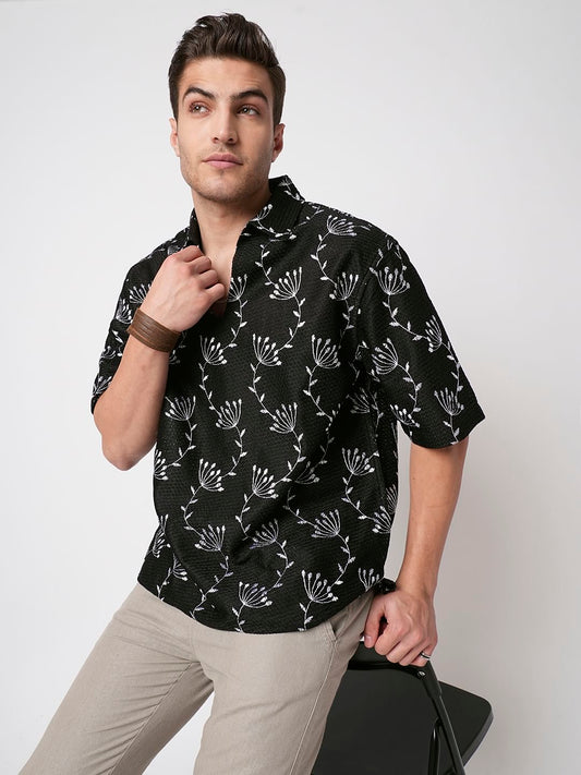 Dandelion Black Embroidered Crochet Oversized Polo Shirt