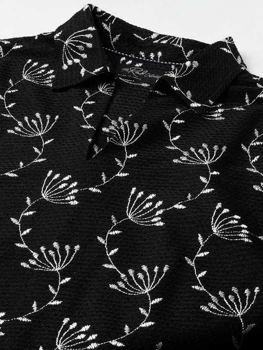 Dandelion Black Embroidered Crochet Oversized Polo Shirt