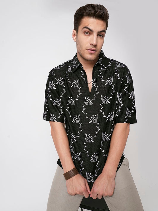 Dandelion Black Embroidered Crochet Oversized Polo Shirt