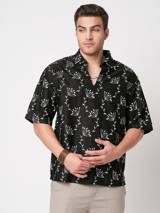 Dandelion Black Embroidered Crochet Oversized Polo Shirt