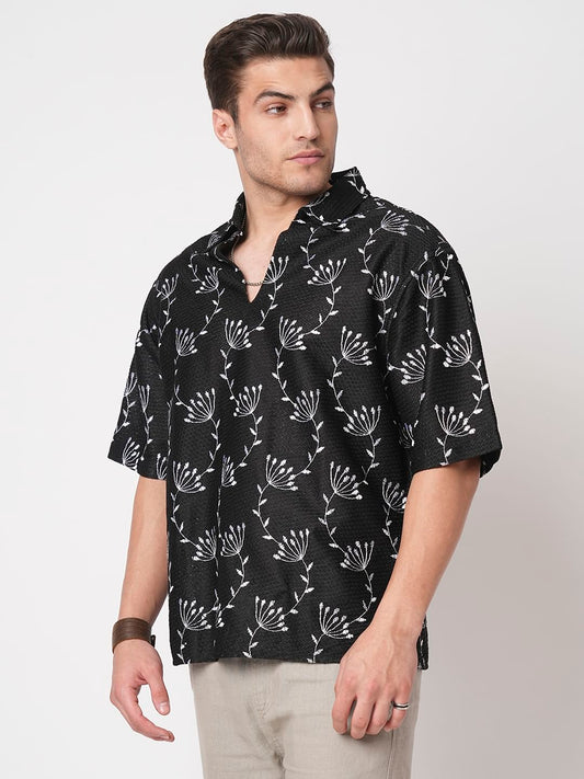 Dandelion Black Embroidered Crochet Oversized Polo Shirt
