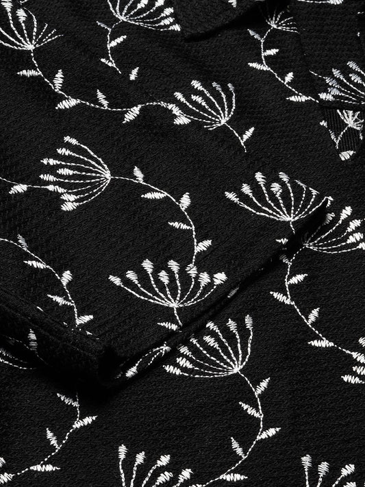 Dandelion Black Embroidered Crochet Oversized Polo Shirt