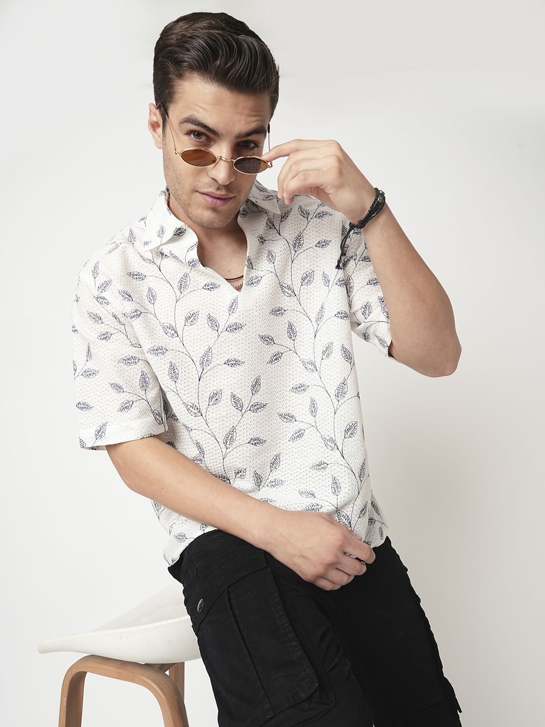 White Leaf Embroidered Crochet Oversized Polo Shirt